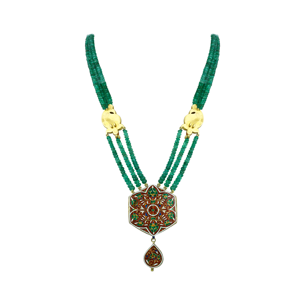 Triple-Strand Emerald Necklace with Red Stone, and Polki